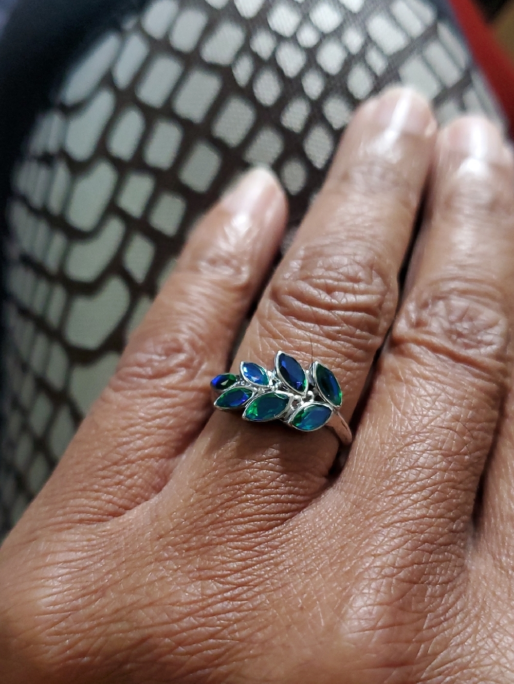 Sajen Doublet Rainbow Caribbean Quartz Sterling Silver Leaf Ring - Picture 2 of 9